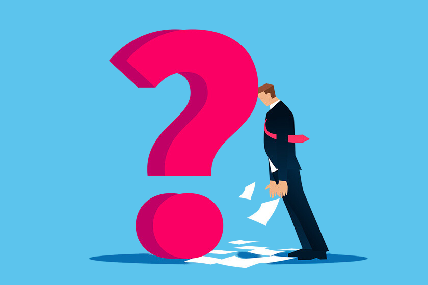 Illustration: man in suit leans against comically large question mark, frustrated, with papers fluttering around his feet.