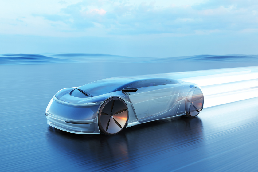 Glowing futuristic car streaking forward on a blue sea-like surface with a light trail behind it