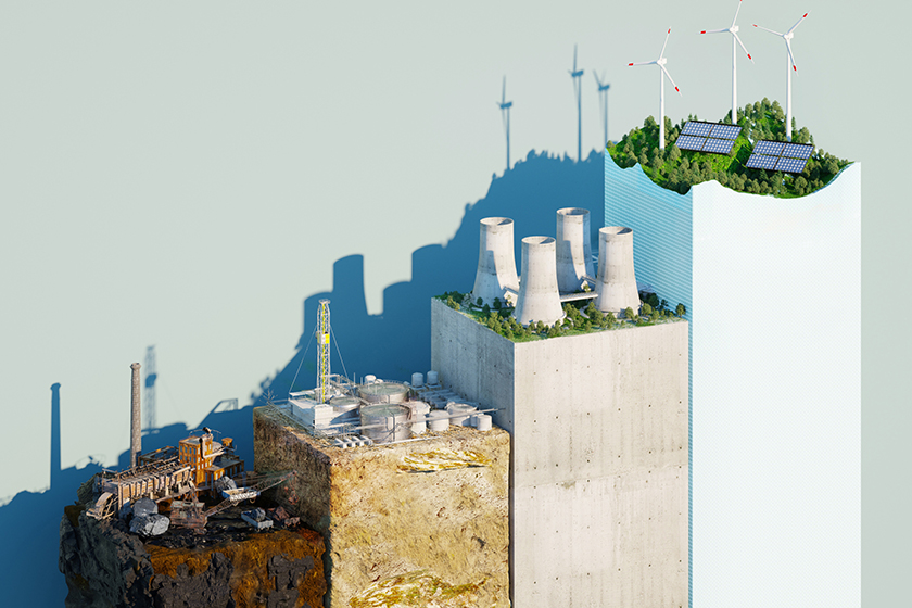 graphic 3d render of a four-bar bar chart. The bars increase in height from left to right. On top of each bar is a small group of buildings, representing change from the industrial revolution through to clean energy generation.